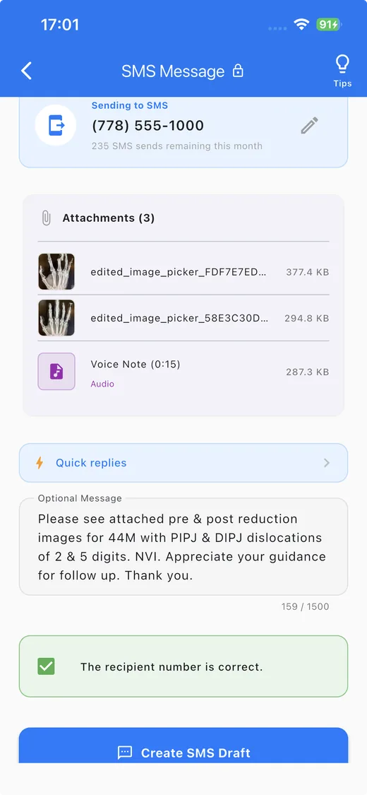 SMS secure link send screen