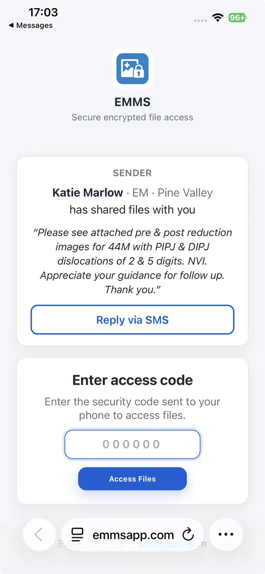 SMS secure link send screen